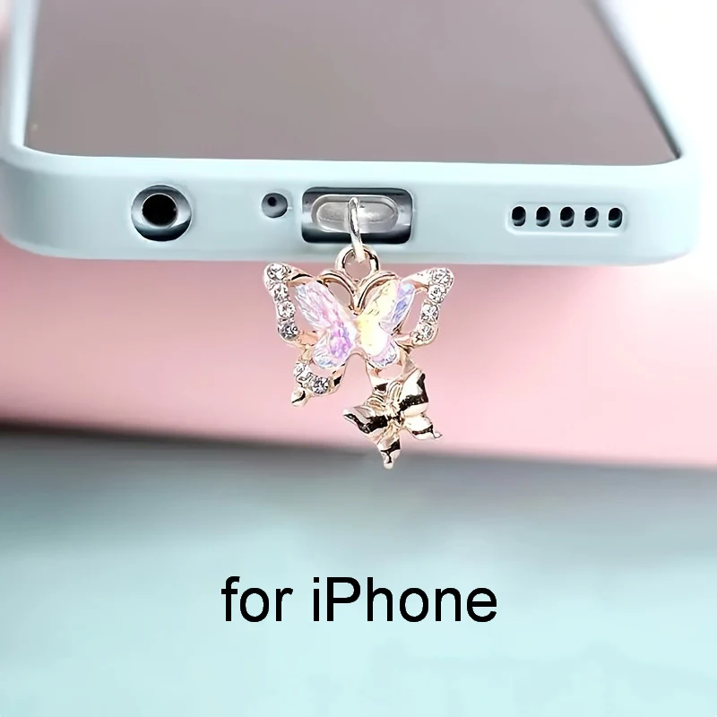 1PC New Butterfly With Artificial Diamonds Accessory Decoration For Phone Type-c Port Mobile Phone Dust Plug Pendant