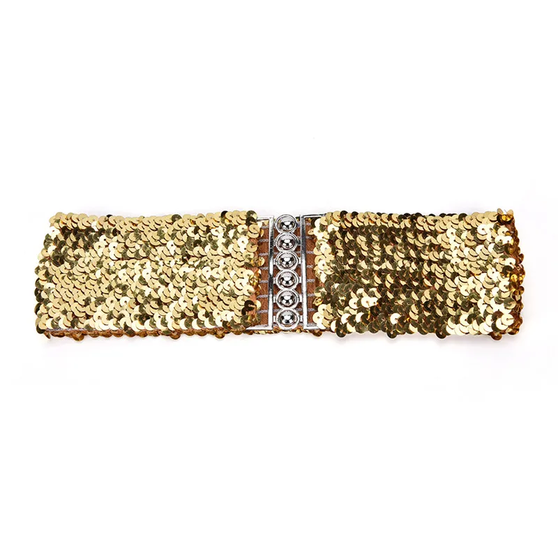 Fashion Metallic Sequin Women Dress Belts Cool Punk Shinny Cummerbund Elastic Stretch Wide Waistband Free Ize Wide Stretch Belt