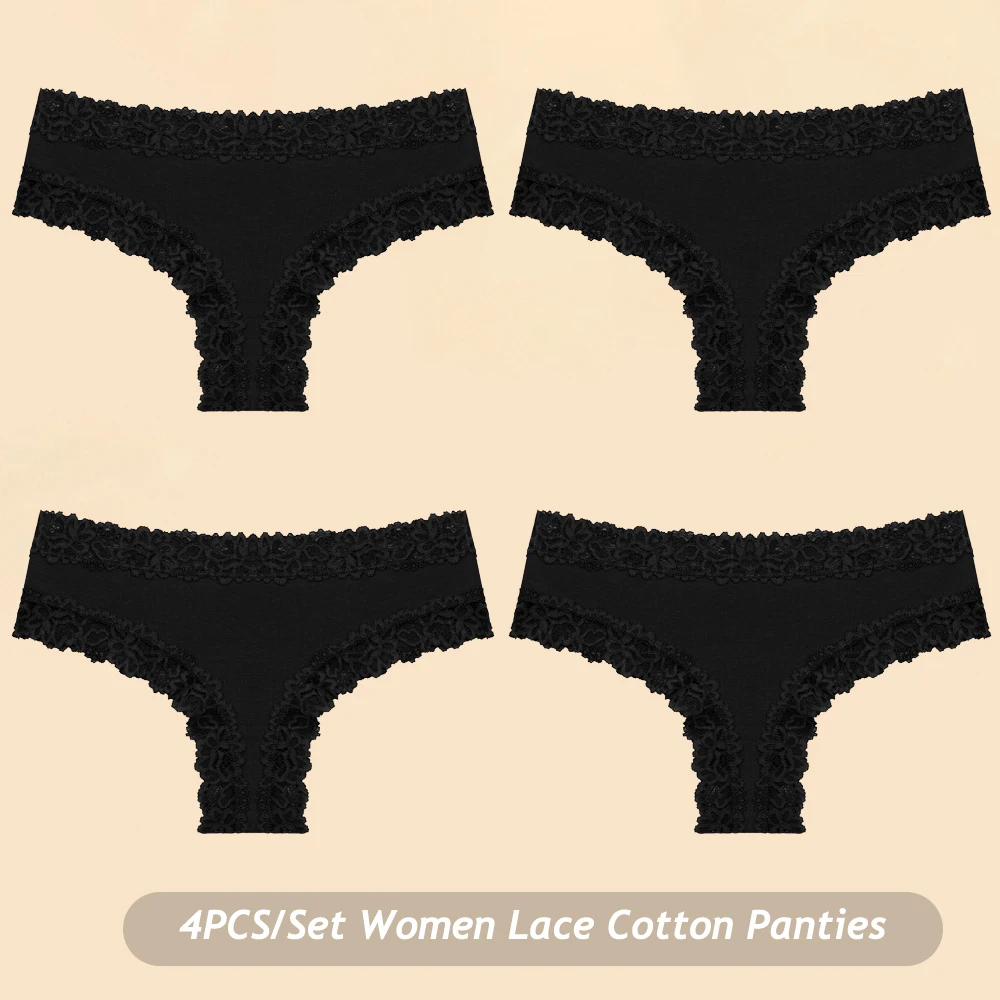 4PCS/Set Cotton Panties for Women Floral Lace Seamless Brazilian Panties Low Rise Sexy Lingerie Female Breathable Bikini Panties