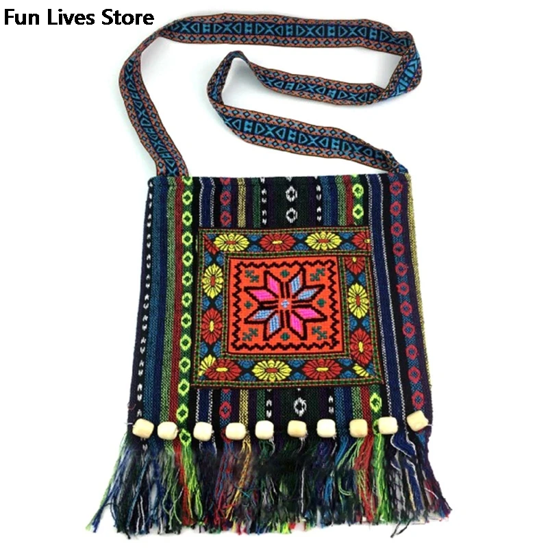 Hmong Tribal Ethnic Purse Thai Indian Boho Shoulder Bag Vintage Message Bags for Women Embroidery Tapestry Tote Tassel Handbags