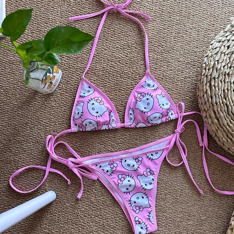 Sanrio 2pcs HelloKitty Sexy Bikini Set Cartoon Cute Woman Y2K Summer Beach Soft Side Strappy Panties Kawaii Swimsuit Girl Gifts