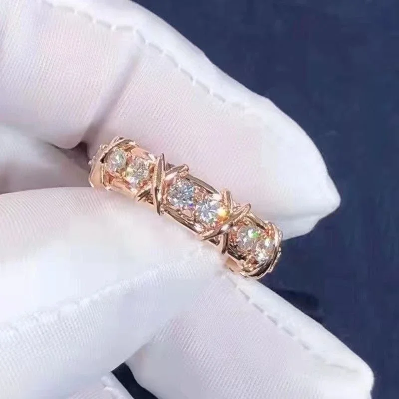Handmade Across ring White Yellow Gold Filled Diamond cz Wedding Band Rings for women Men Statement Party Moissanite Jewelry