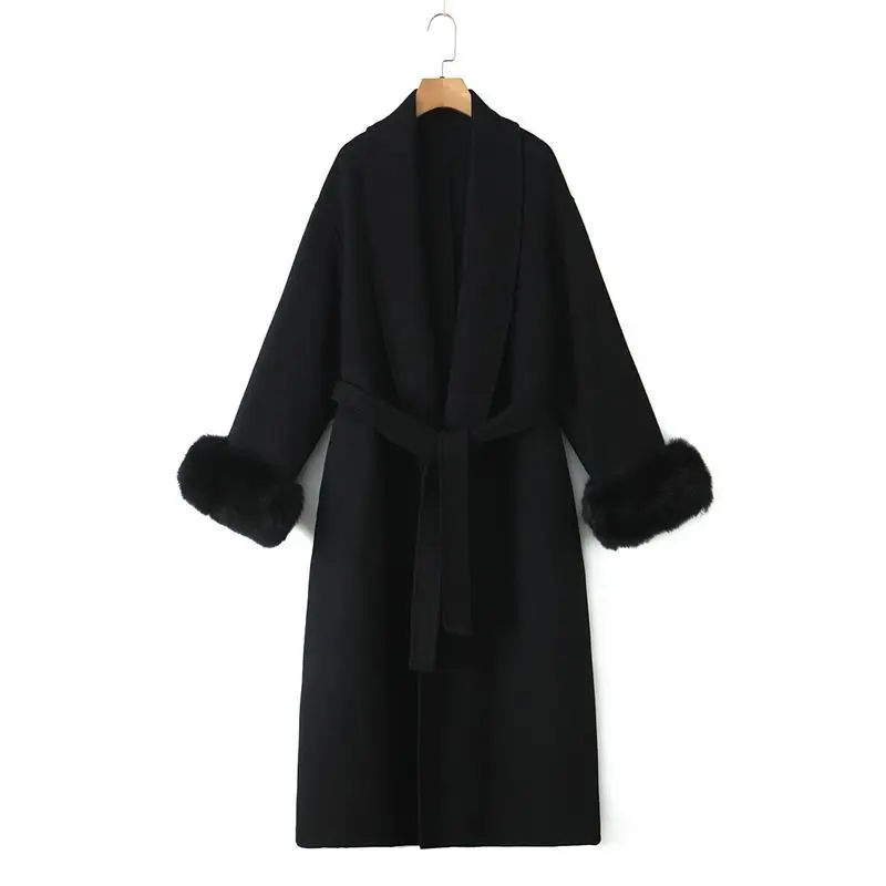 Double Sided Coat with Real Fox Fur Cuffs for Women, Long Wool Overcoat, French High-end Luxury Coat, Plus Size, Winter, 9090