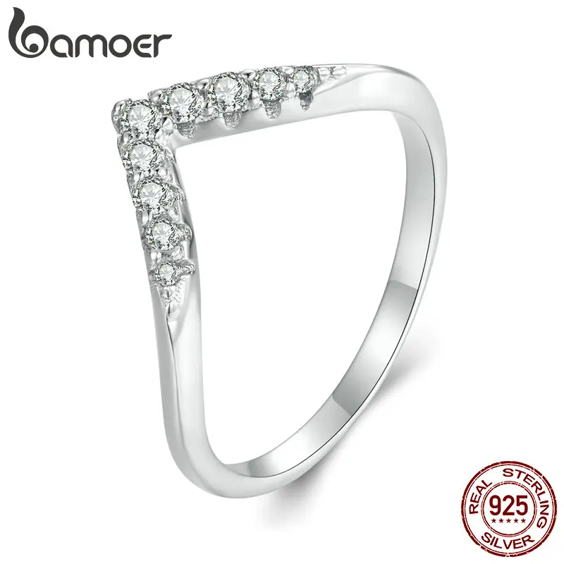 Bamoer V-shape Moissanite Ring Delicate Lab Diamond Ring 925 Sterling Silver for Women Engagement Wedding Jewelry