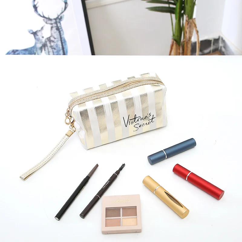 Stripe Makeup Comestic Case Clutch Pouch PU Laser Octagonal Storage Bag Women Handbag Portable Toiletry Travel Organizer