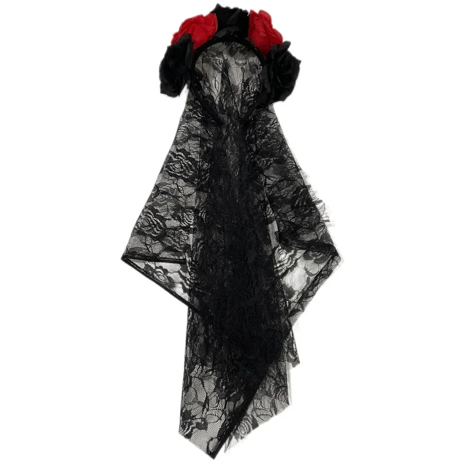 Women Halloween Artificial Rose Flower Skull Face Headband With Black Lace Veil Mexican Day Of The Dead Crown Cosplay Hair Hoop