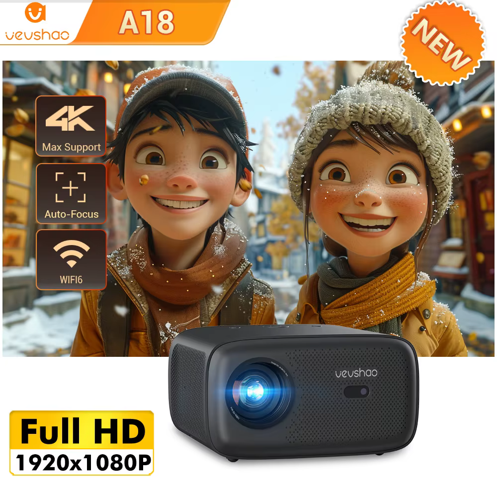 VEVSHAO New A18 Projector Full HD 1080P 2K 4K Video WiFi 6 Auto Focus 600Ansi Android 9.0 Home Theater Smart Proyector