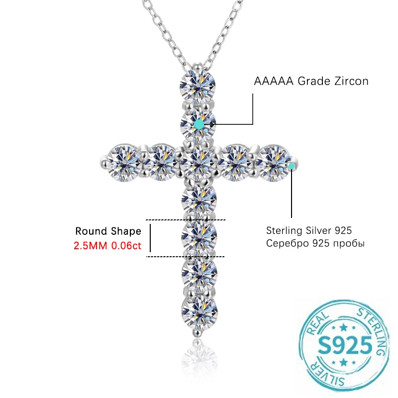 ALIZERO 2.5-5.0mm Full Moissanite Cross Pendant Necklace For Women Fine Jewelry with GRA Original 925 Sterling Sliver Necklace