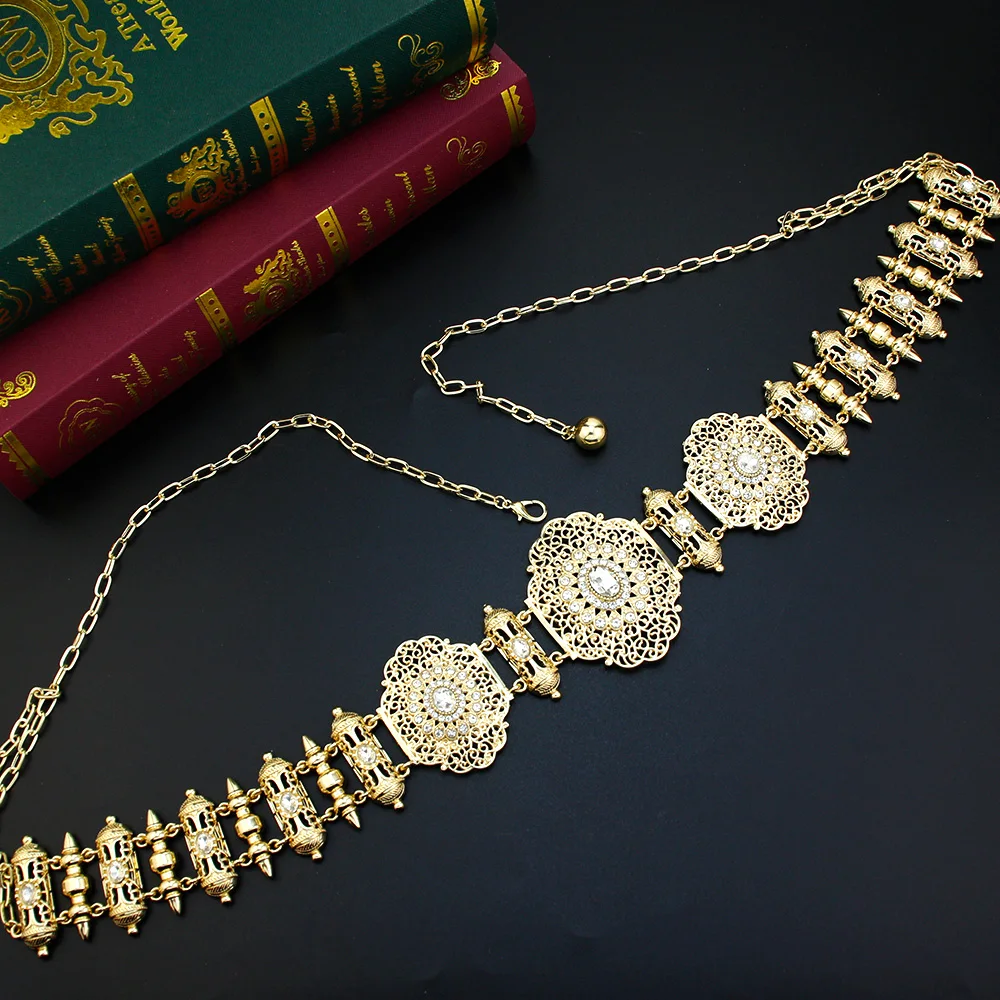Sunspicems Chic Metal Waist Chain Morocco Belt Bride Body Chain Gold Color Orange Women Caftan Abaya Belt Arabic Wedding Jewelry