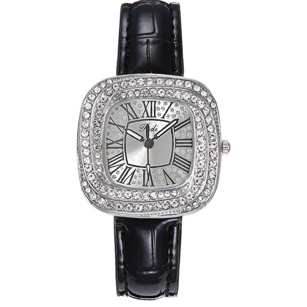 Fashion 2024 New Simple Square Ladies Full Star Diamonds Quartz Watch Casual Green Leather Dress Women's Clock Wristwatch