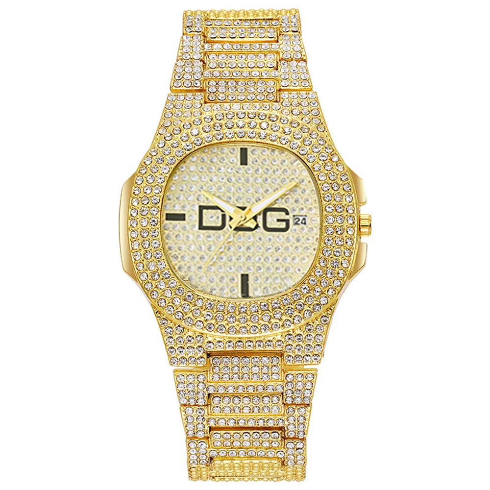 Luxury Gold Men's Watch Square Full Star Diamonds Large Dial Calendar Quartz Watches Stylish Stainless Steel Male Clock