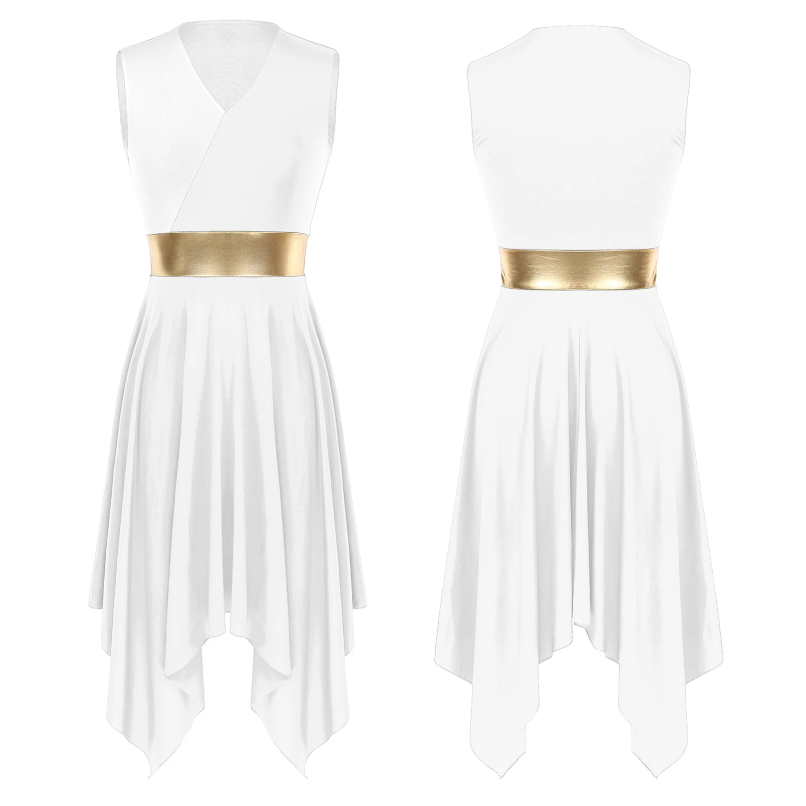 Womens Gymnatics Ballet Lyrical Dance Prom Party Dress V Neck Sleeveless Irregular Hem Modern Liturgical Praise Dance Costume