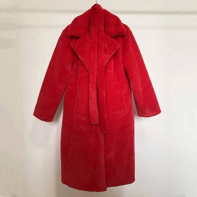 Luxury Winter Long Overcoats Women Oversized Lapel Belted Faux Rabbit Fur Coat Jacket Female Plus Size Outerwear Plush Fur Coats
