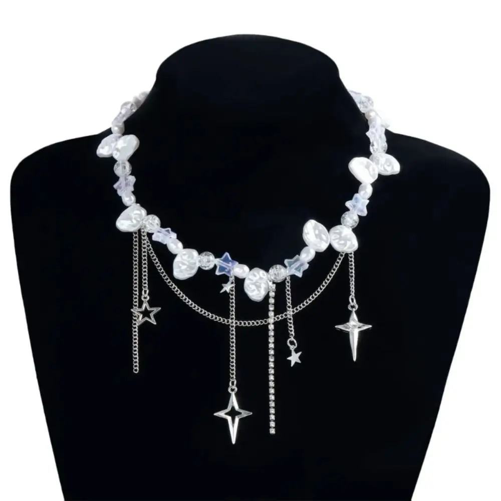 Imitation Pearls Necklace Cool Neckchain Cross Star Diamond Necklaces Adjustable Sweet Choker