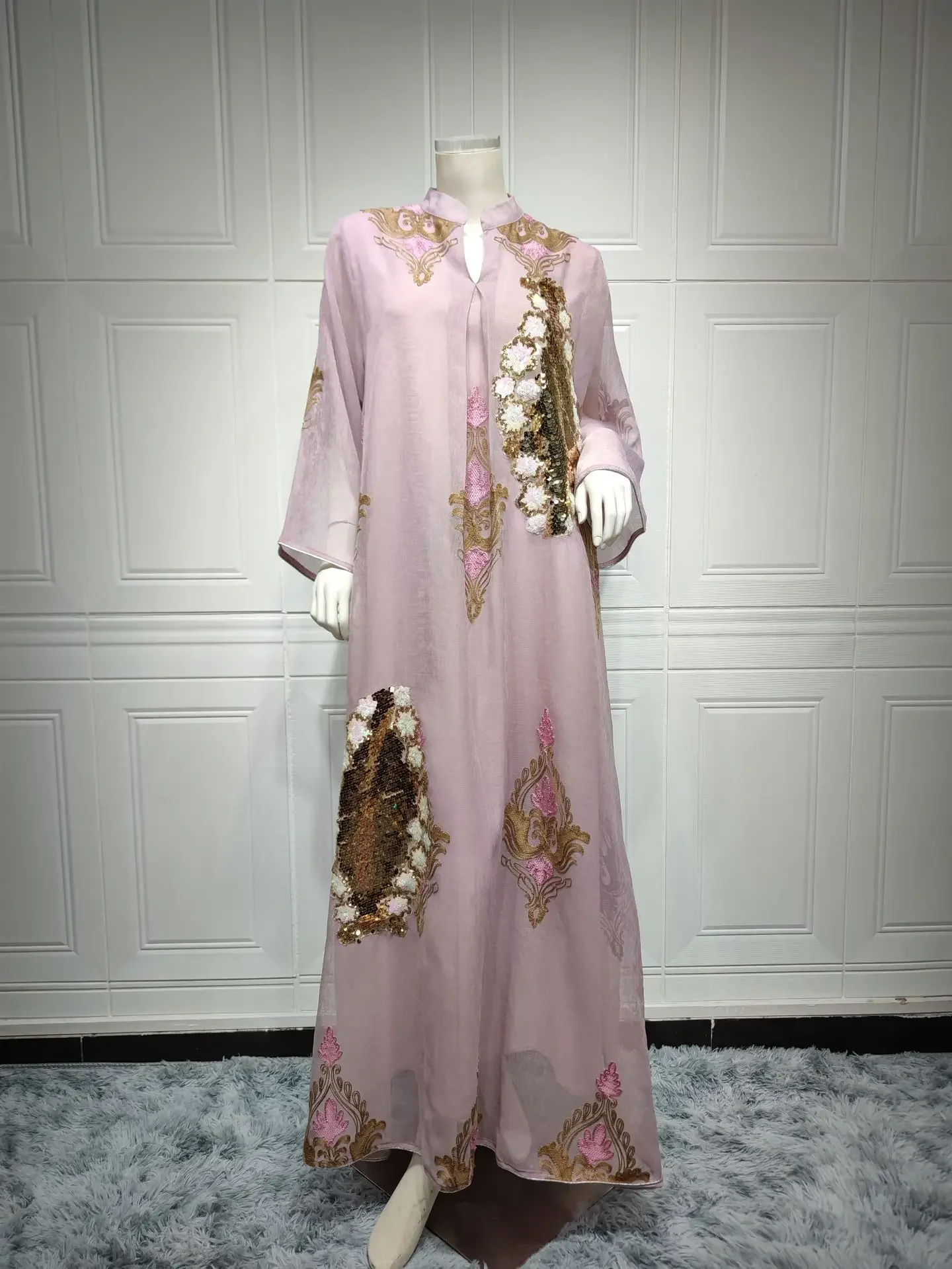 Mesh Sequins Embroidered Abaya Dress for Women Winter 2024 Middle East Arab Oman Dubai Muslim Moroccan Caftan Party Clothes Eid