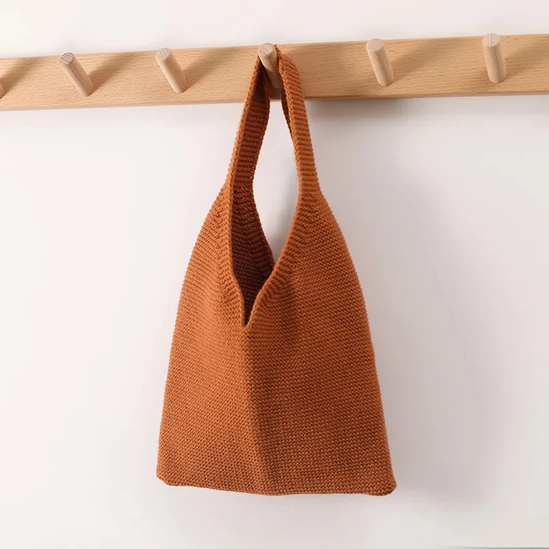 Lady Knitting Woolen Tote Bag Women Crochet Fashion Open Shopper Top-handle Bag 2023 Female Daily Handbag