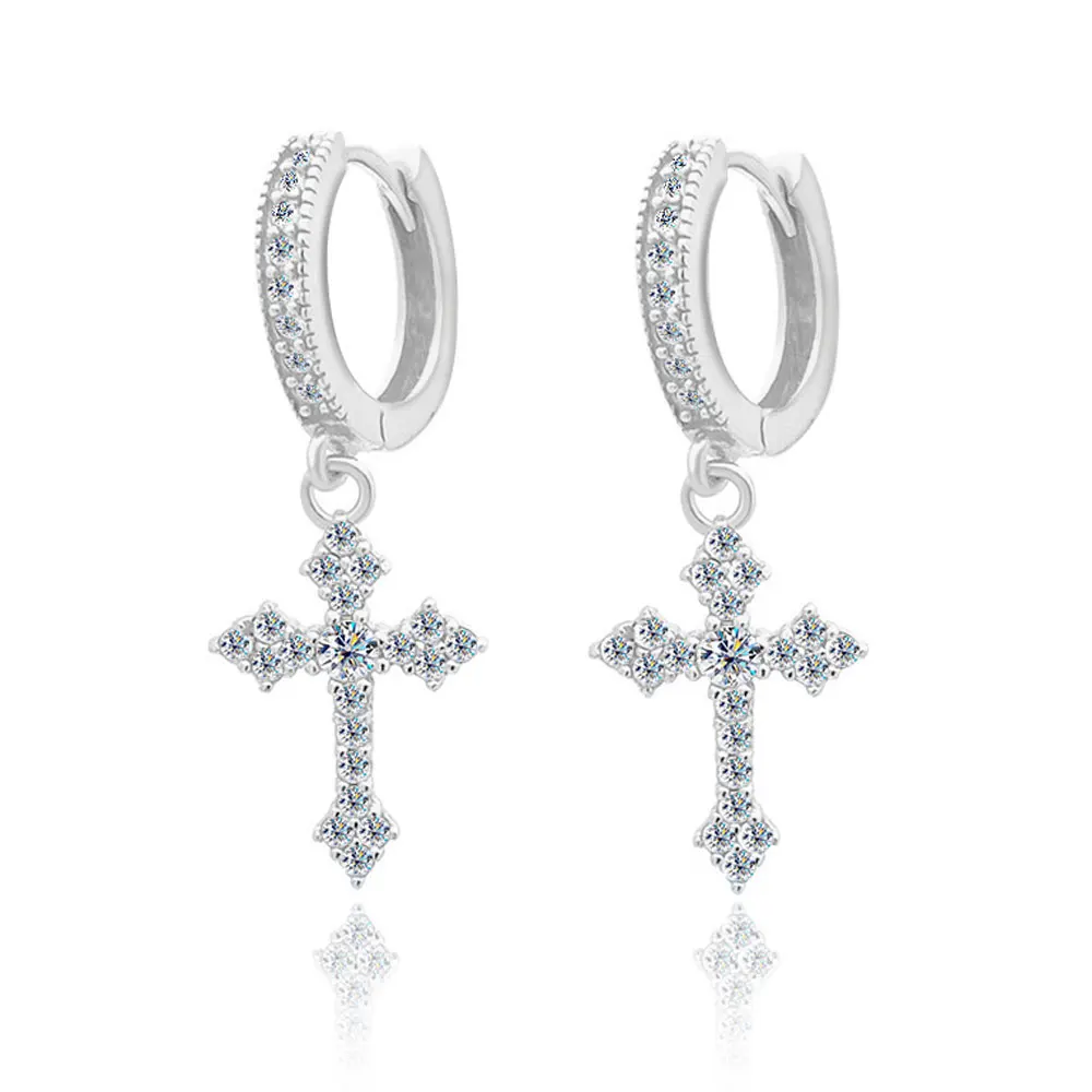 KNOBSPIN D VVS1 All Moissanite Cross Pendant Earrings for Women Men Hiphop Party Fine Jewelry with GRA s925 Sliver Drop Earring