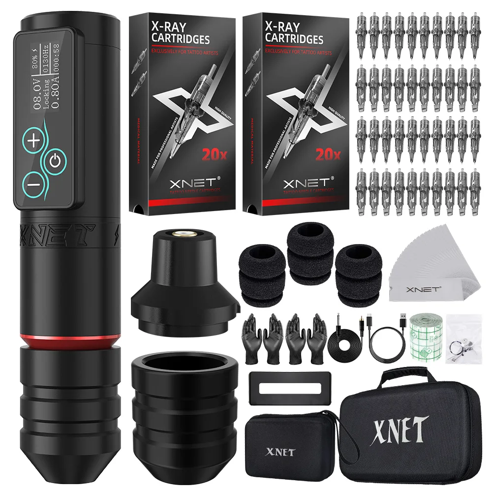 XNET Vane Wireless Tattoo Machine Pen Kit with Extra 36mm Grip 3.5/4.5mm Strokes 40 Piece Mixed Tattoo Cartridges Tattoo Artist