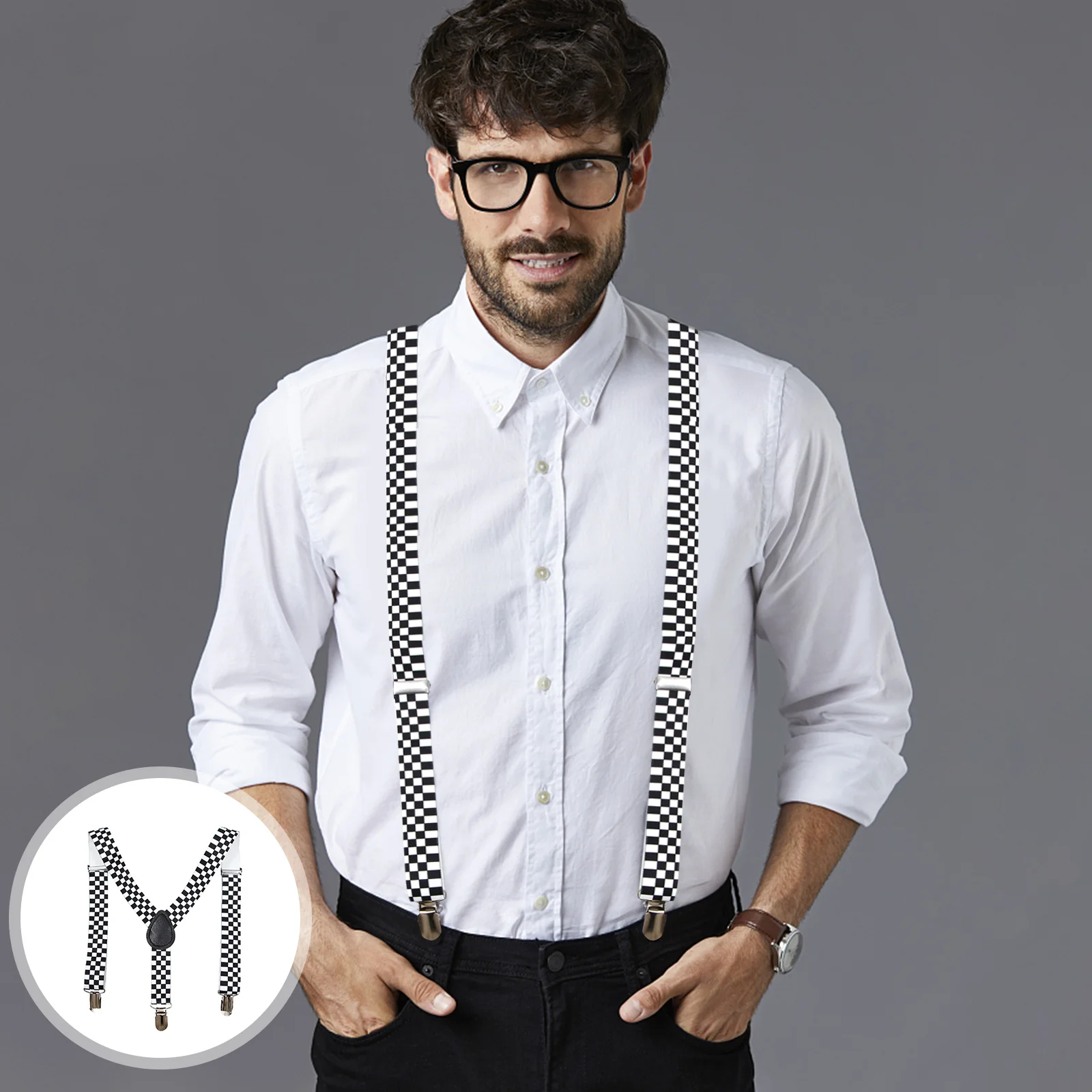 Versatile Suspenders Comfortable Y-back Clip- Braces Fully Elasticized Checkered