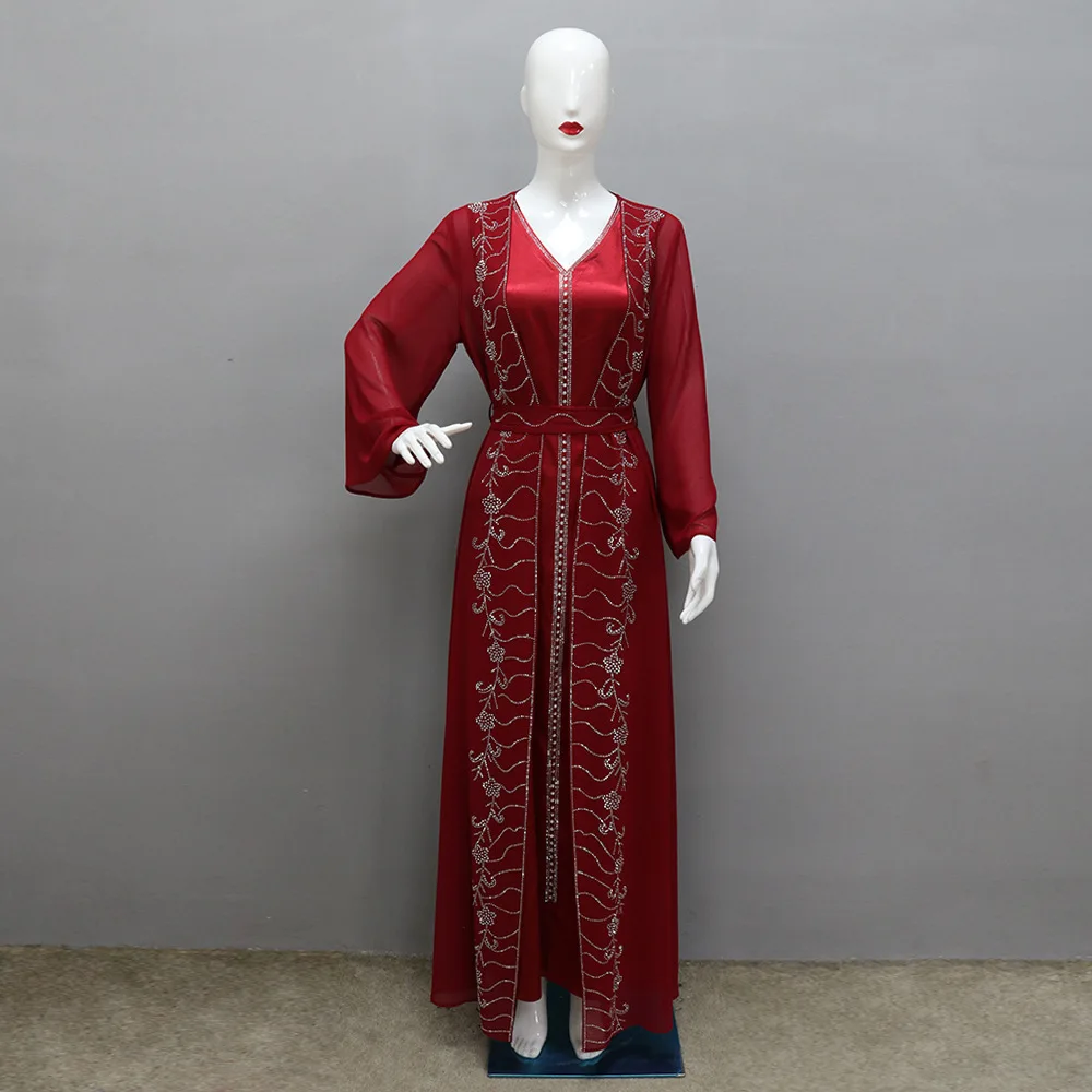 Four-season Commute Muslim Set Fashion Party Dubai Turkey Long Sleeve Chiffon Cardigan Dress and Vest 2ps Muslim Dress Women