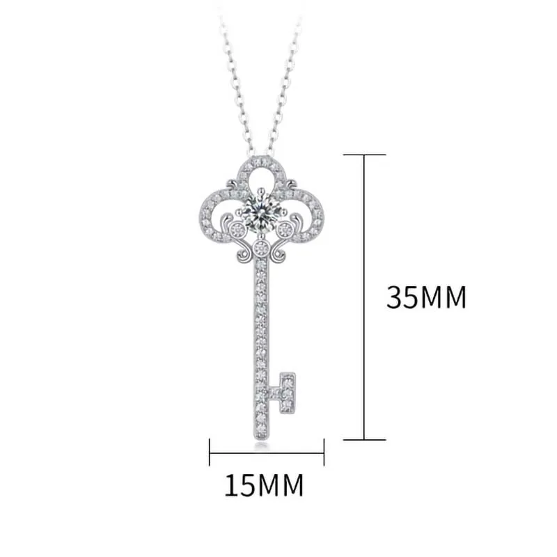 925 Silver 0.5ct D Color Moissanite Key Pendant Necklace for Women Girl Fine Jewelry White Gold Wedding Engagement Christma Gift
