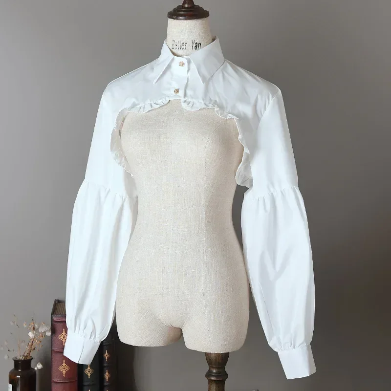 Ruffle Shrugs Long Sleeves Bolero Collar Button Shirt Crop Tops Women Cover Ups Under Half Shirt Without Tube Drop Shoulder