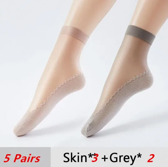 5/10 Pairs Spring Summer Women Soft Socks Thin Silk Socks Non-Slip Bottom Splice Fashion Transparent Ladies Breathable Sock