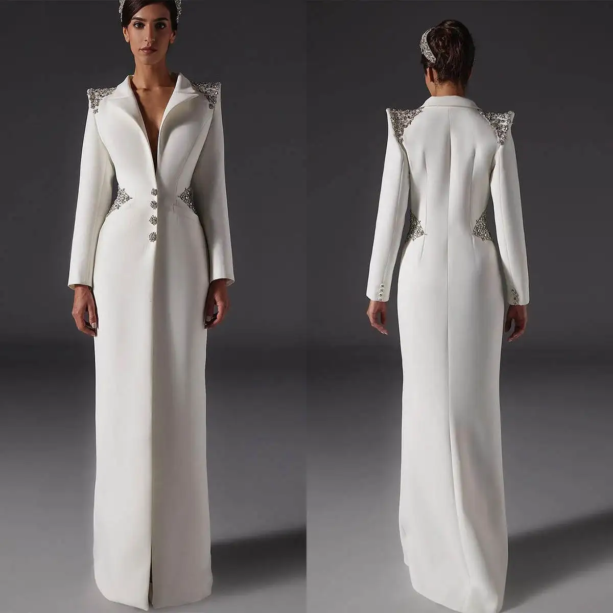 Women Long Blazer Dress Plus Size Slim Beading V Neck Jacket Prom Evening Guest Formal Wear Customized Satin