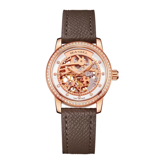 Fashion Seagull Women's Watch Luxury Red Zircon Skeleton Womens Mechanical Automatic Ladies Wristwatch Montre Female 719.403LK