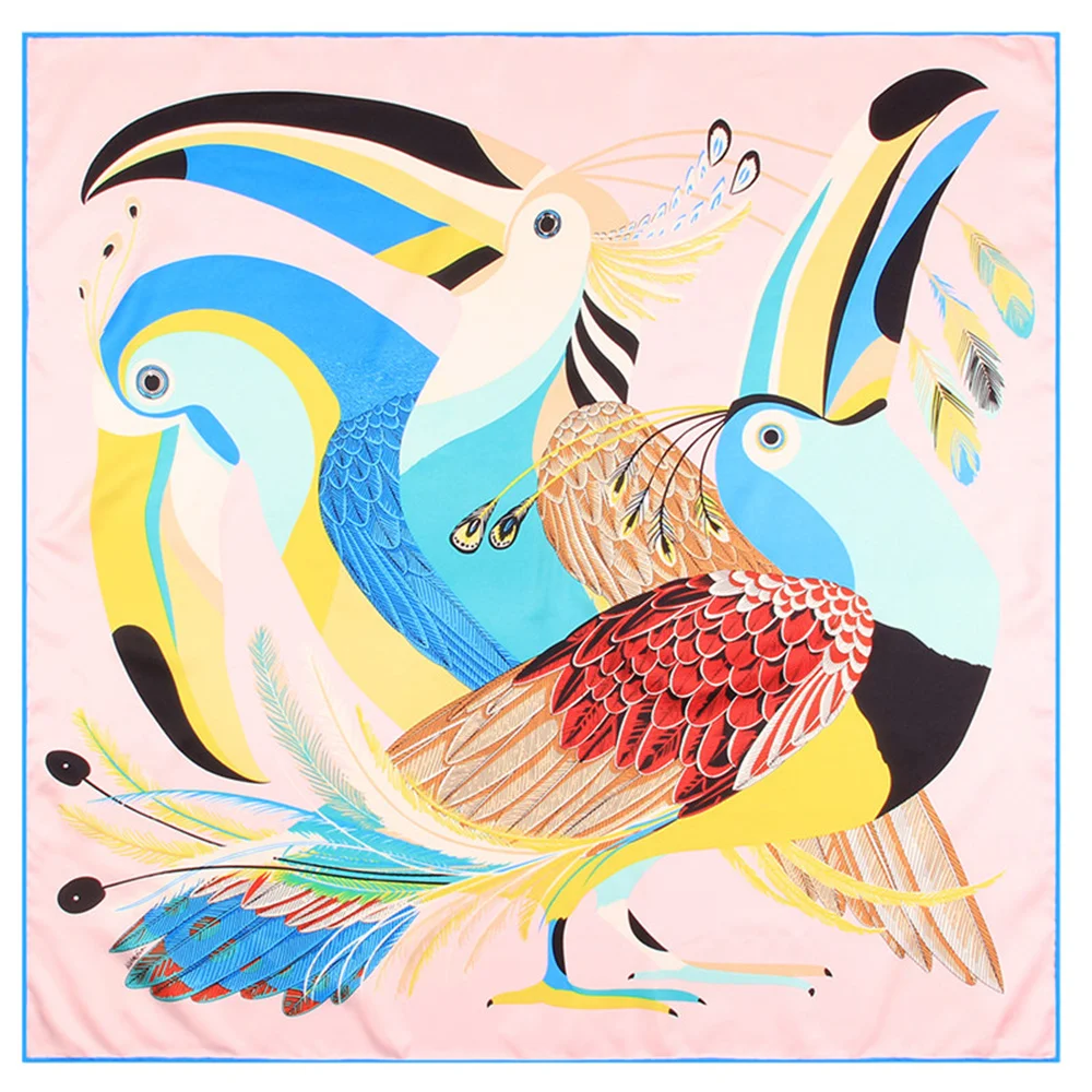 90CM Toucan Birds Brand Hijabs Scarf Women Bandana Handmade Curled Twill Silk Square Scarf Luxury Foulard Head Scarves Shawls