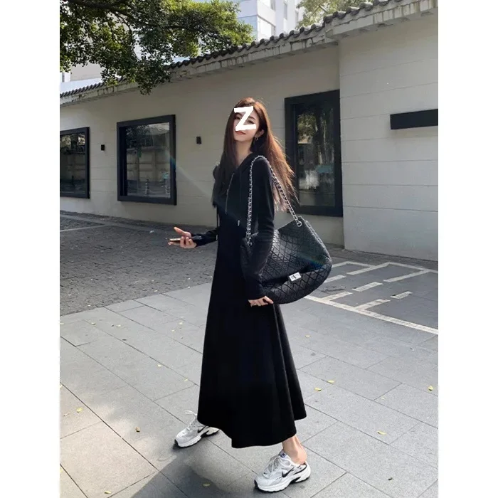 Elegant Long Sleeve Knit Dress Solid Color Base Hooded Slimming Sweatshirt Knee-Length Autumn/Winter High-End Feel