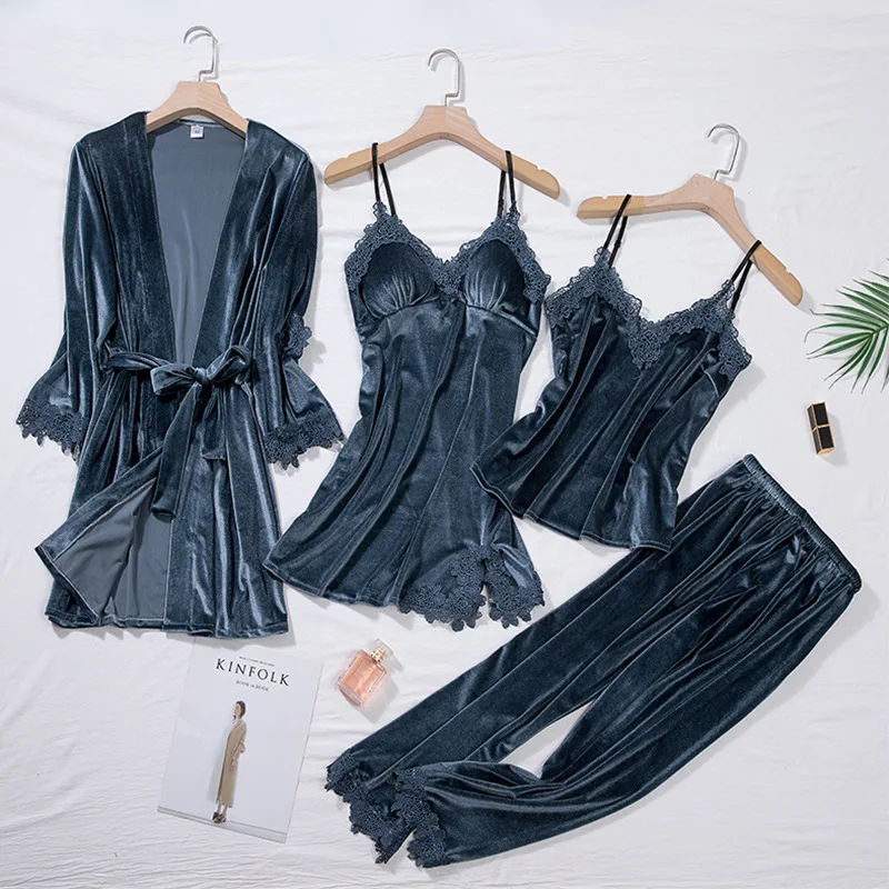 TOP Casual Velour Home Clothing 4pcs Sleep Set Intimate Lingerie Women Pajamas Suit Long Sleeve Lace Velvet Homewear Pyjamas