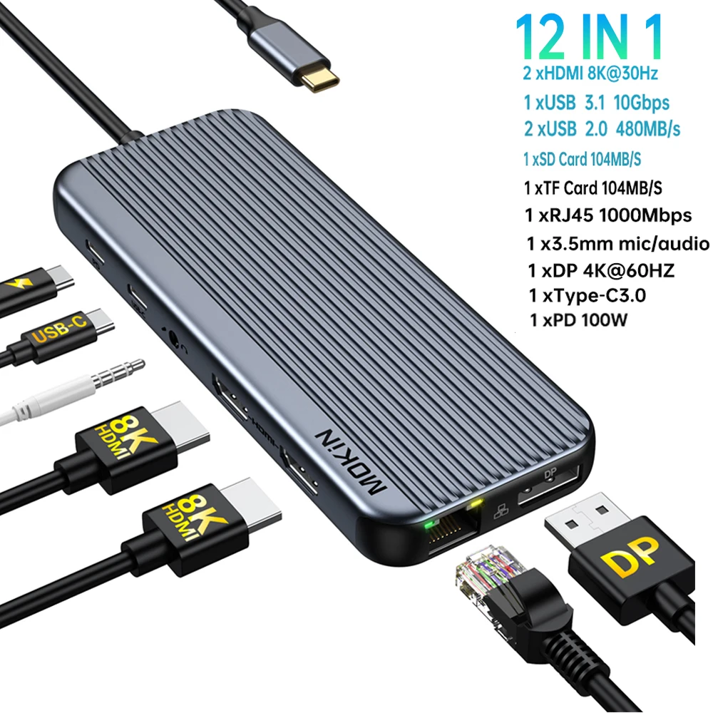 MOKiN 8K Docking Station Triple Display  HDMI,DP,USB C/A 3.1,RJ45,SD/TF,Audio,PD 100W Adapter for MacBook ipad Pro/Air USB C Hub