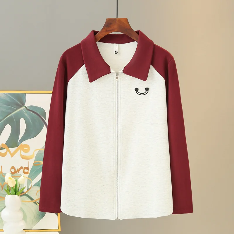 Polo Collar Hoodie Women Fall New Plus Size Loose Sweatshirts Casual Fashion Embroidery Block Color Zipper Coat 2475