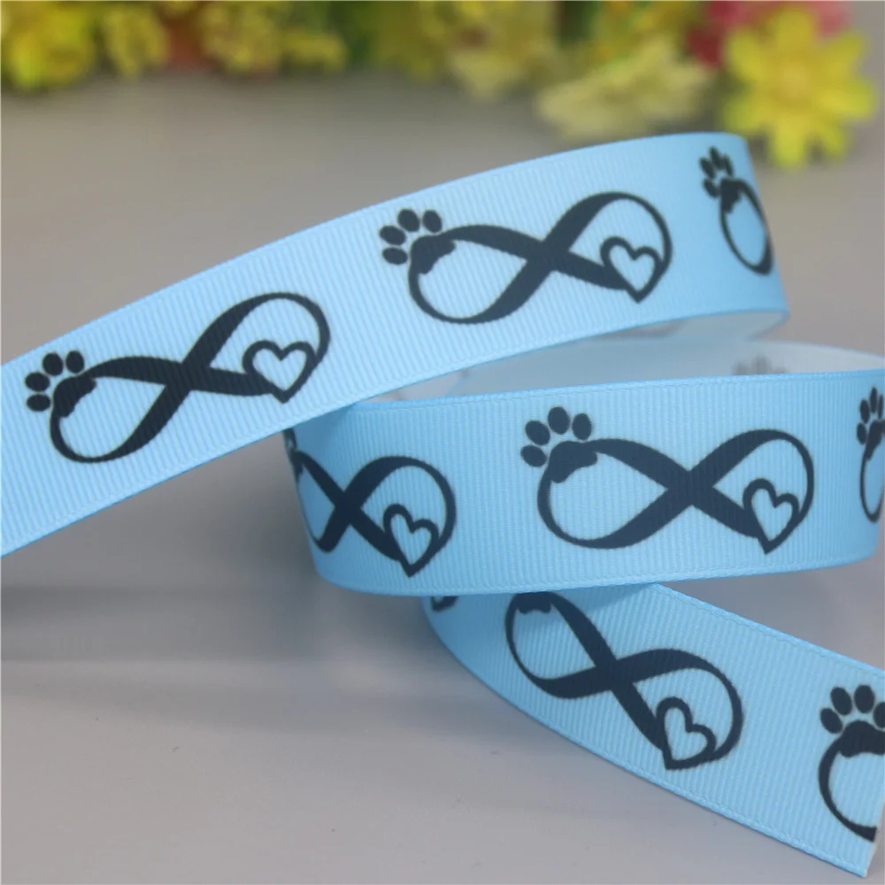 DUWES 50yards Dog Infinty Paw Heart Printed Grosgrain Ribbon Accessories Material Headwear Decoration DIY Sewing Craft D2196