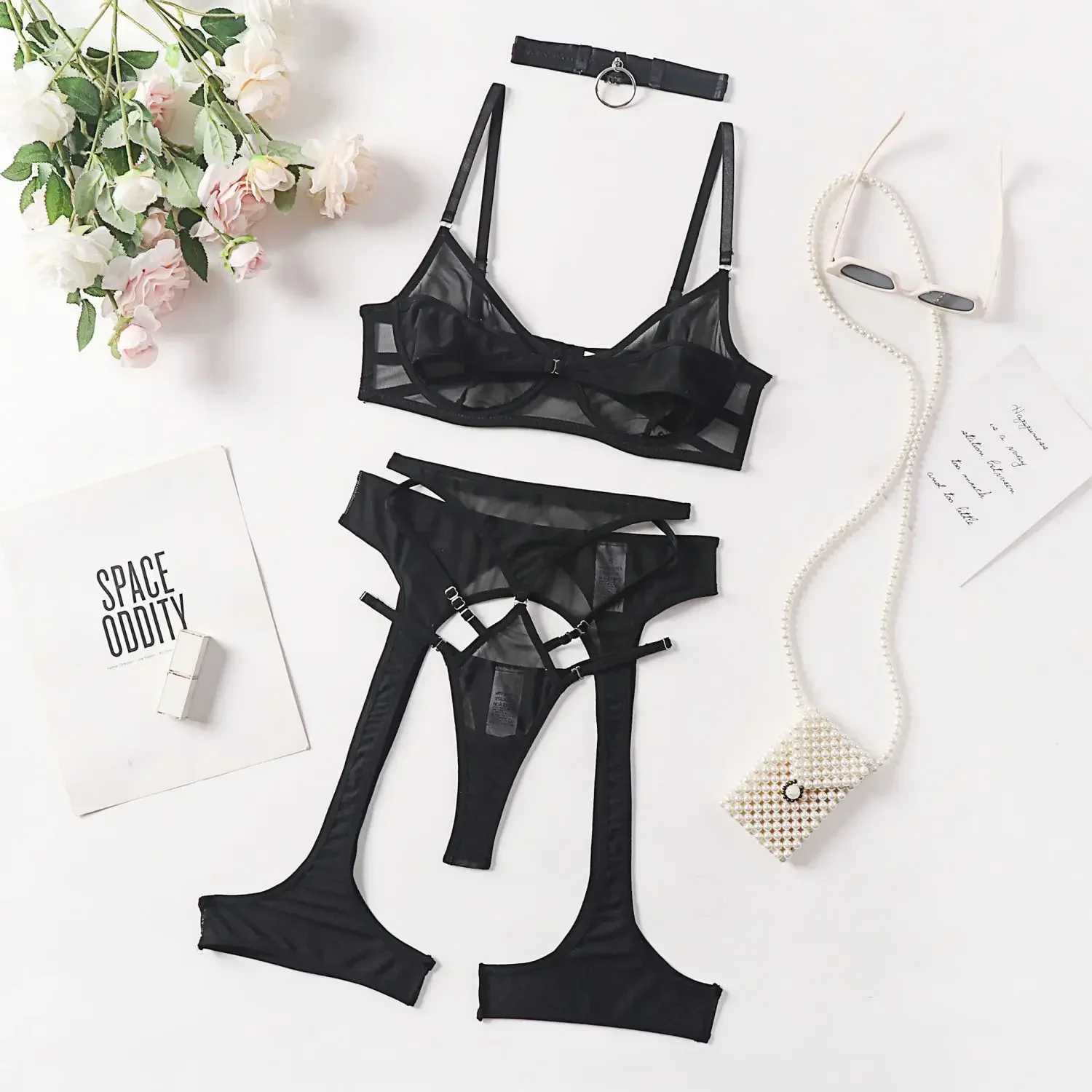 Toucheart Sexy Lingerie Garter Belt Halter Bra Underwear Women Mesh Patchwork Micro Perspective Solid Color Sexy Underwear Set