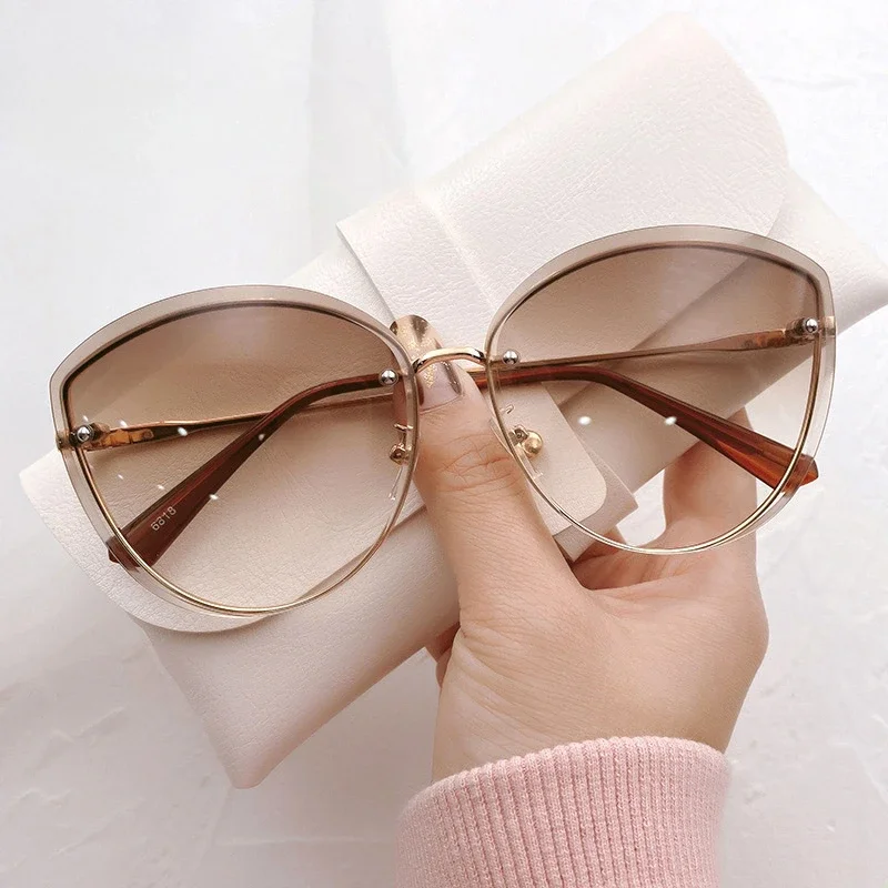 Diamond Cut Edge Fashion Brand Design Sunglasses Women's Oval Rimless Sunglasses Women's Metallic Sunglasses for Driving Glasses