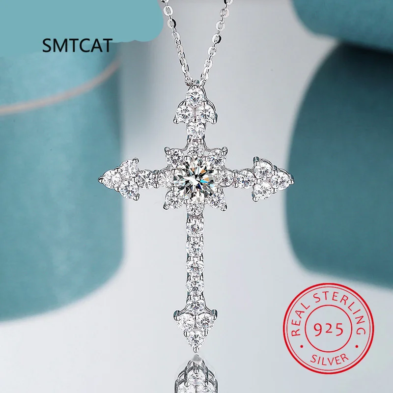 S925 Silver Christian Religious Cross Pendant Necklace 0.9Ct Moissanite D VVS Color Pendant Fine Jewelry Gifts