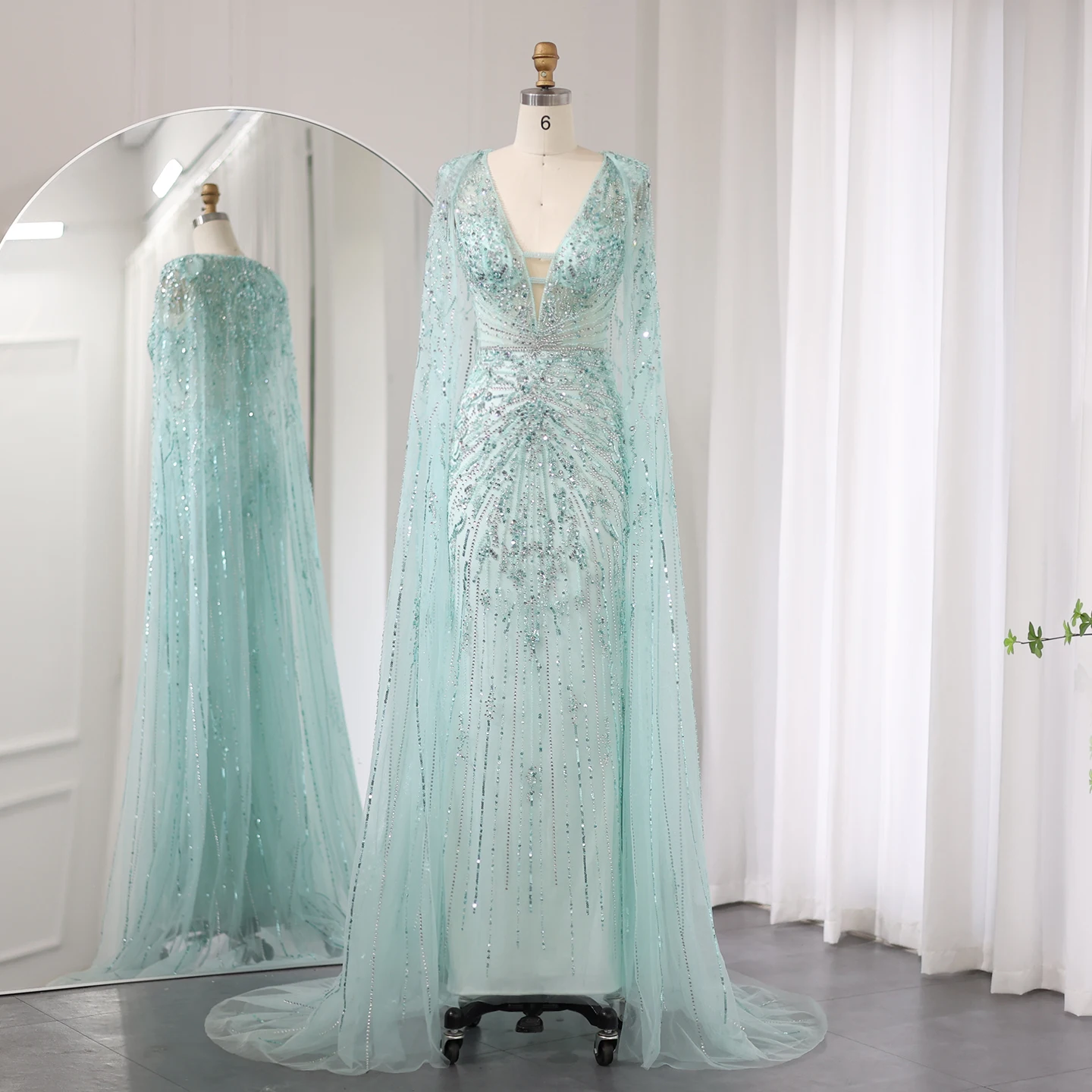 Sharon Said Luxury Dubai Silver Grey Mermaid Evening Dresses Cape V-Neck Turquoise Wedding Formal Party Dress SS397 Customized