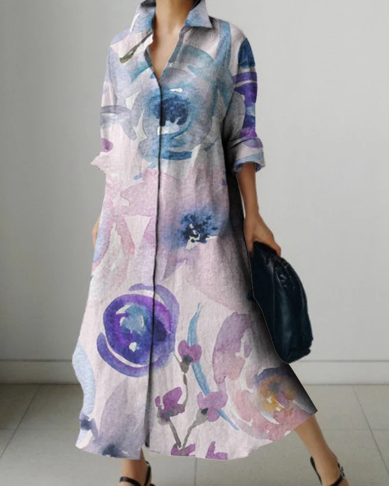 Women's Long Sleeve Shirt Dress Watercolor Rose Print Lapel Plus-Size Women Breathable And Comfortable For Spring And Summer