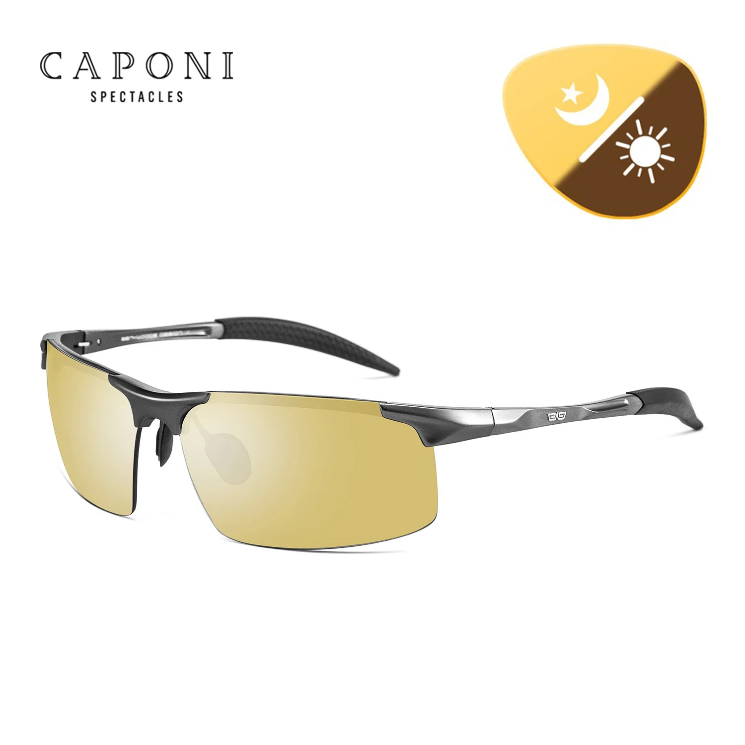 CAPONI Photochromic Sunglasses Men Original Design Sports Yellow Sun Glasses Fashion Driving Night Vision Eyewear UV400 BSYS3218
