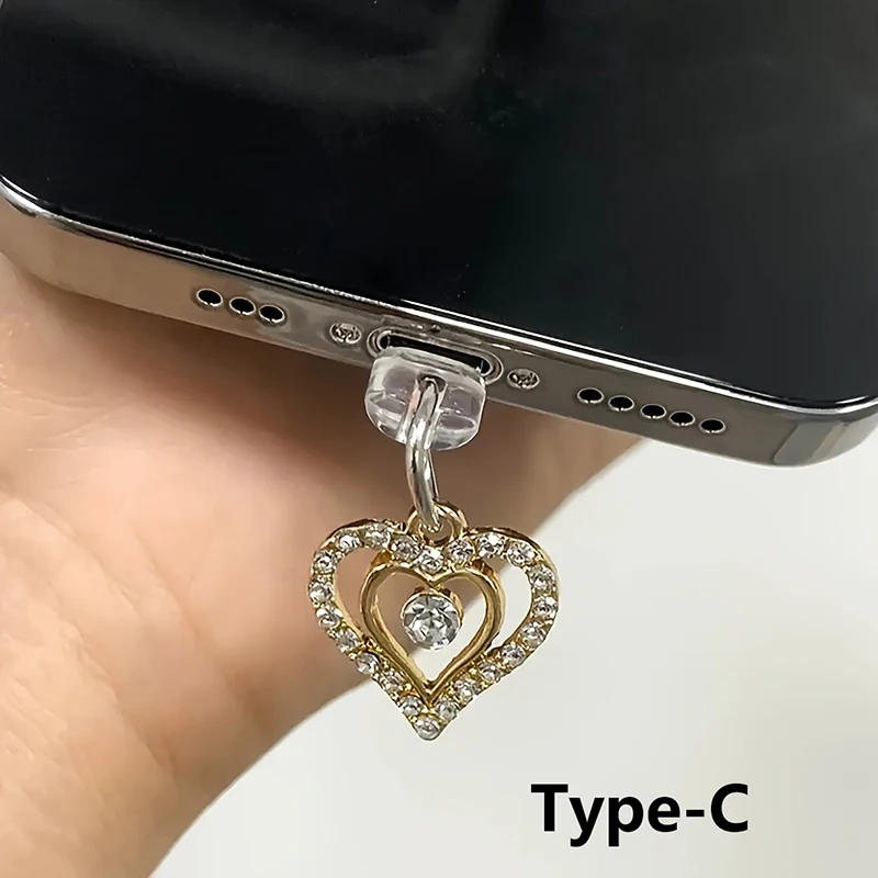 Water Diamond Love Beautiful Phone Dust plug Accessories Decoration Hanging Pendant for iPhone for Samsung Type-C Charging Port