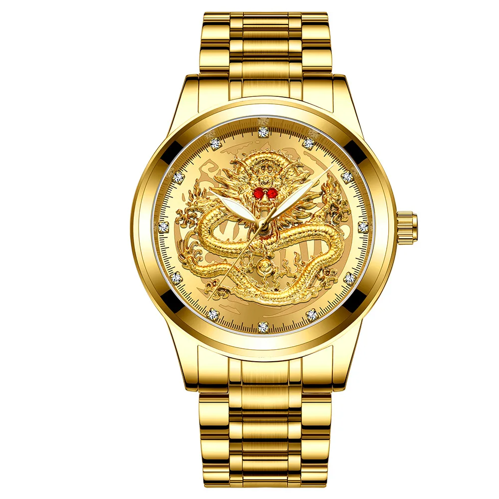 UTHAI Men Watch Embossed Gold Dragon Wristwatch Waterproof Diamond inlaid Ruby Male Fashion Middle-aged Elderly Clock Watches