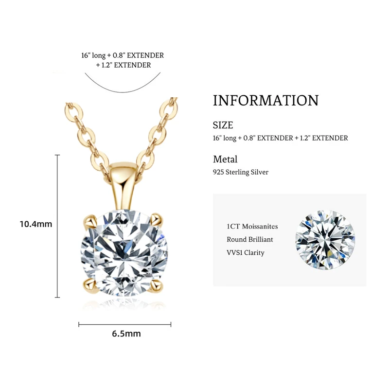 18k Gold Plated 925 Silver 1-3 Carat Solitaire Necklace 9mm 8mm D VVS1 Moissanite Pendant for Women GRA Certified Jewelry Gift