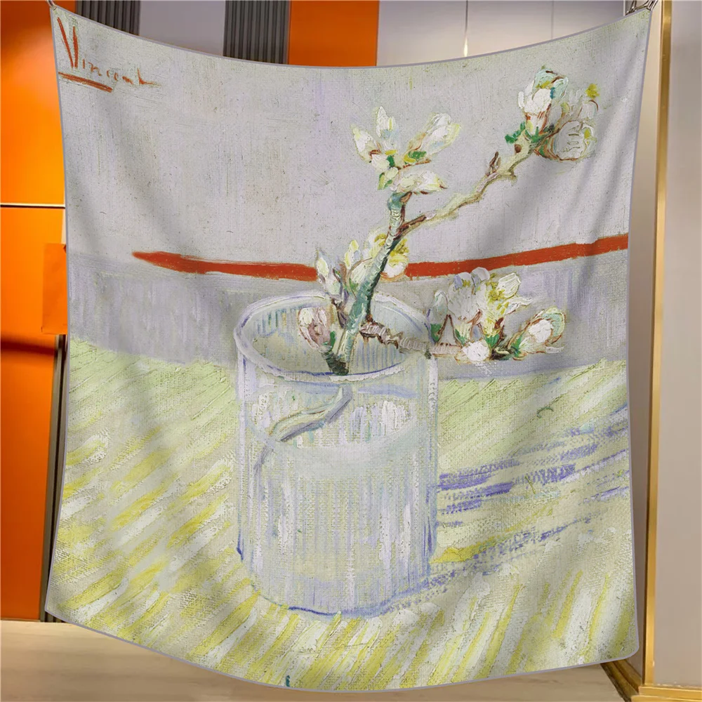 POBING Silk Cashmere Scarf Women Hand Rolled Shawls Oil Painting Square Scarves Wraps Lady Bandana Big Hijabs Female Foulards