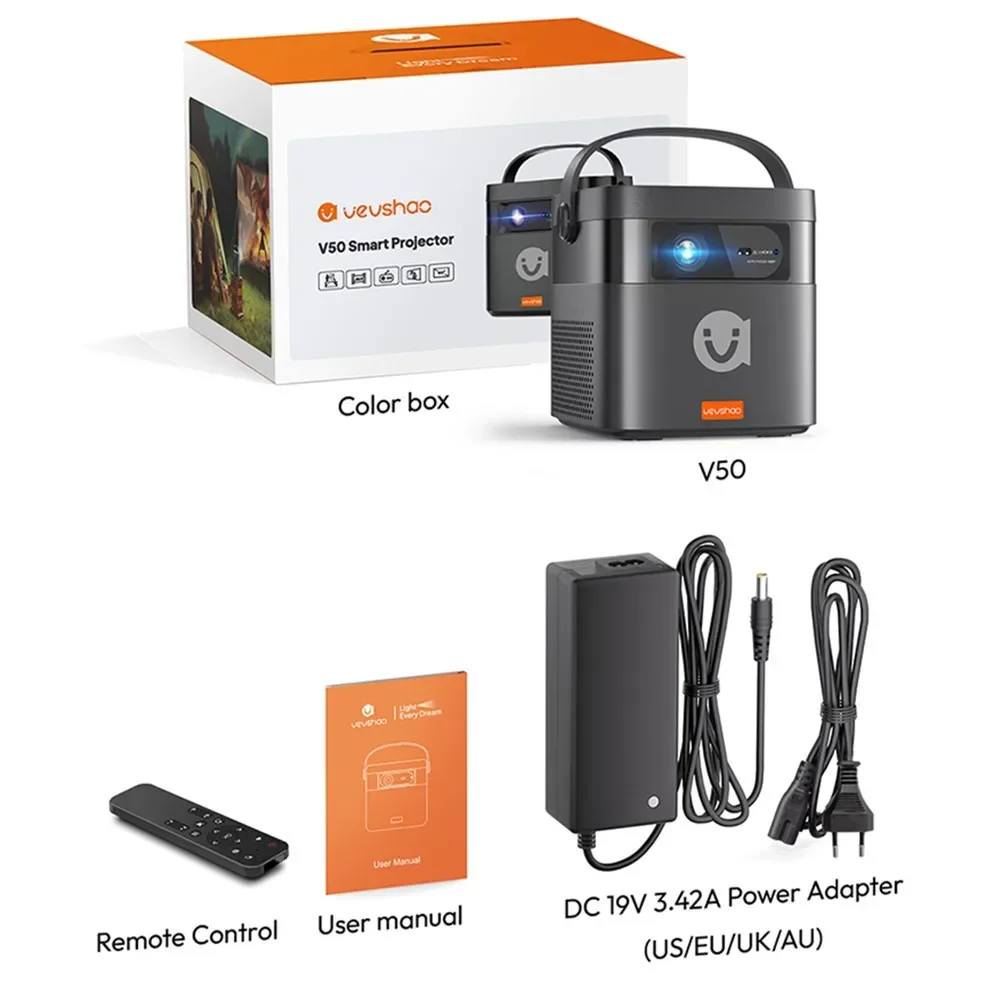 VEVSHAO V50 Portable Projector 4K 3D WiFi Full HD1080P Built-in 2 x 10W Speakers Home Theater Projectors With15000mAh Battery