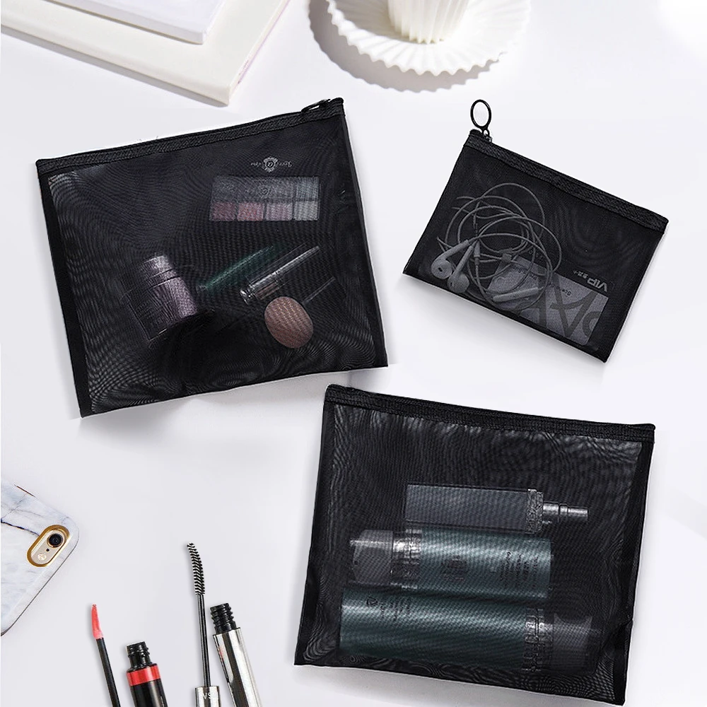 Black Mesh Makeup Bag Women Transparent Cosmetic Bag Small Large Portable Storage Bags Travel Toiletries Towel Organizer Pouch