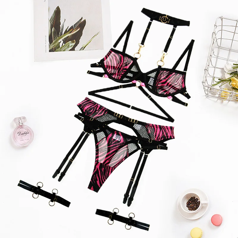 Ellolace Zebra Lingerie Fancy Lace Underwear See Through Halter Bra Delicate Intimate Luxury Sexy Outfits Garters Brief Sets
