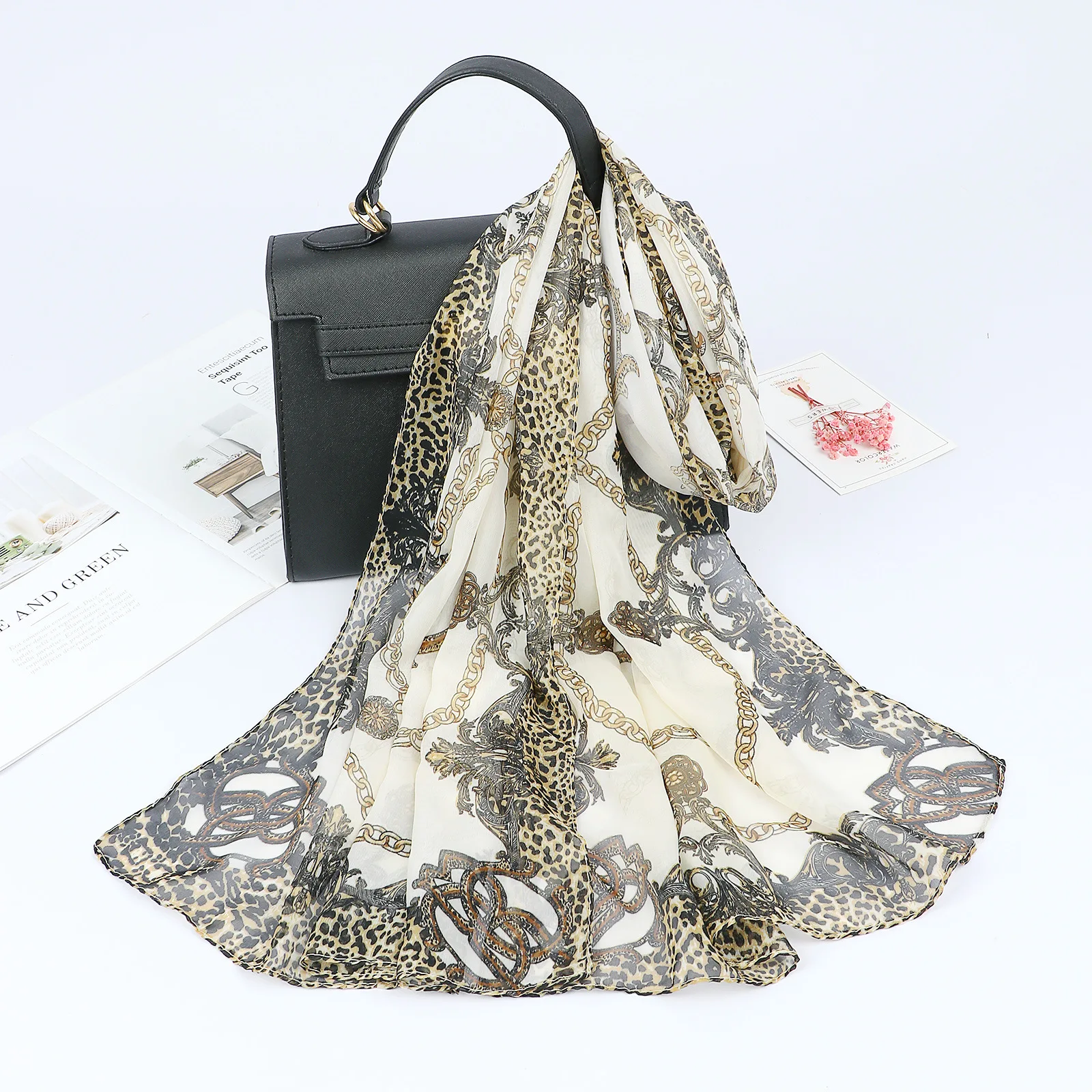 2024 New Fashion Summer Women Leopard Beach Scarf Chiffon Silk Shawls Headband Female Headband Wraps Sunscreen Hijab Wholesale